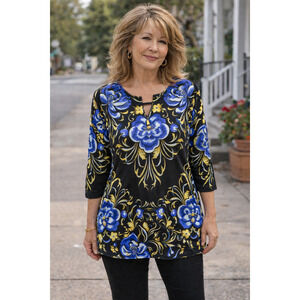 Womens JM Collection Beaded Black Floral 3/4 Blouse Size S